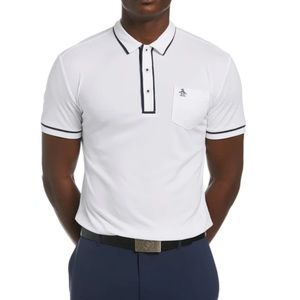 An Original Penguin by Munsingwear white golf performance earl polo w brown trim